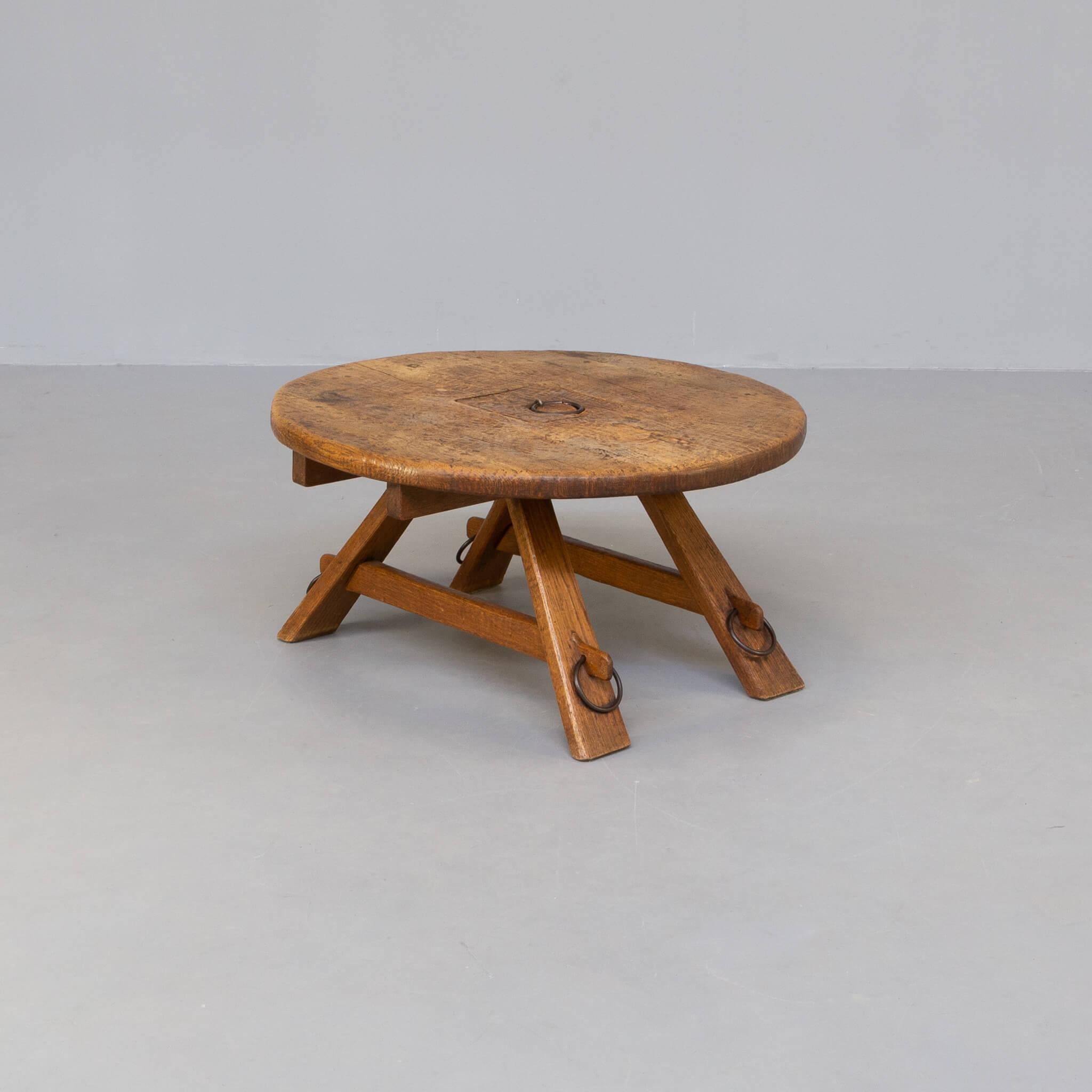 French 70s Brutalist Oak Round Coffee Table For Sale