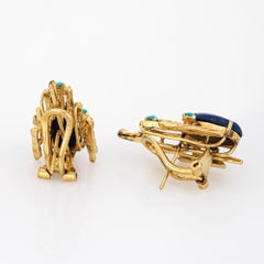 70s Brutalist Turquoise Lapis Earrings Vintage 14k Yellow Gold Large Jewelry
