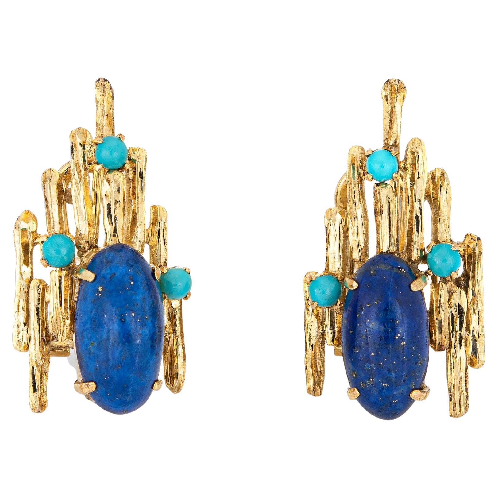 70s Brutalist Turquoise Lapis Earrings Vintage 14k Yellow Gold Large Jewelry