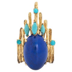 70s Brutalist Turquoise Lapis Ring Vintage 14k Yellow Gold Large Fine Cocktail