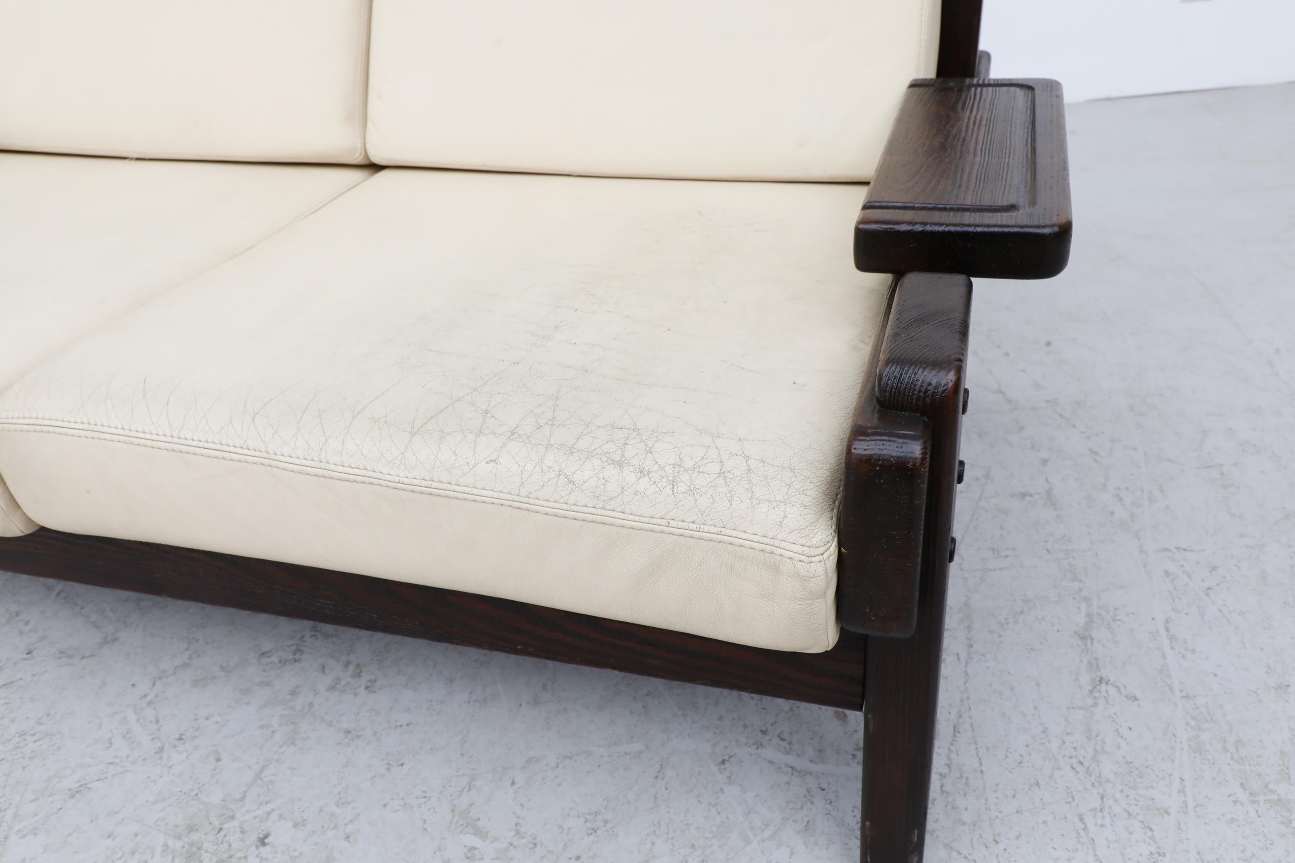 70's Brutalist Wood Framed Loveseat with Cream Leather Seating 8