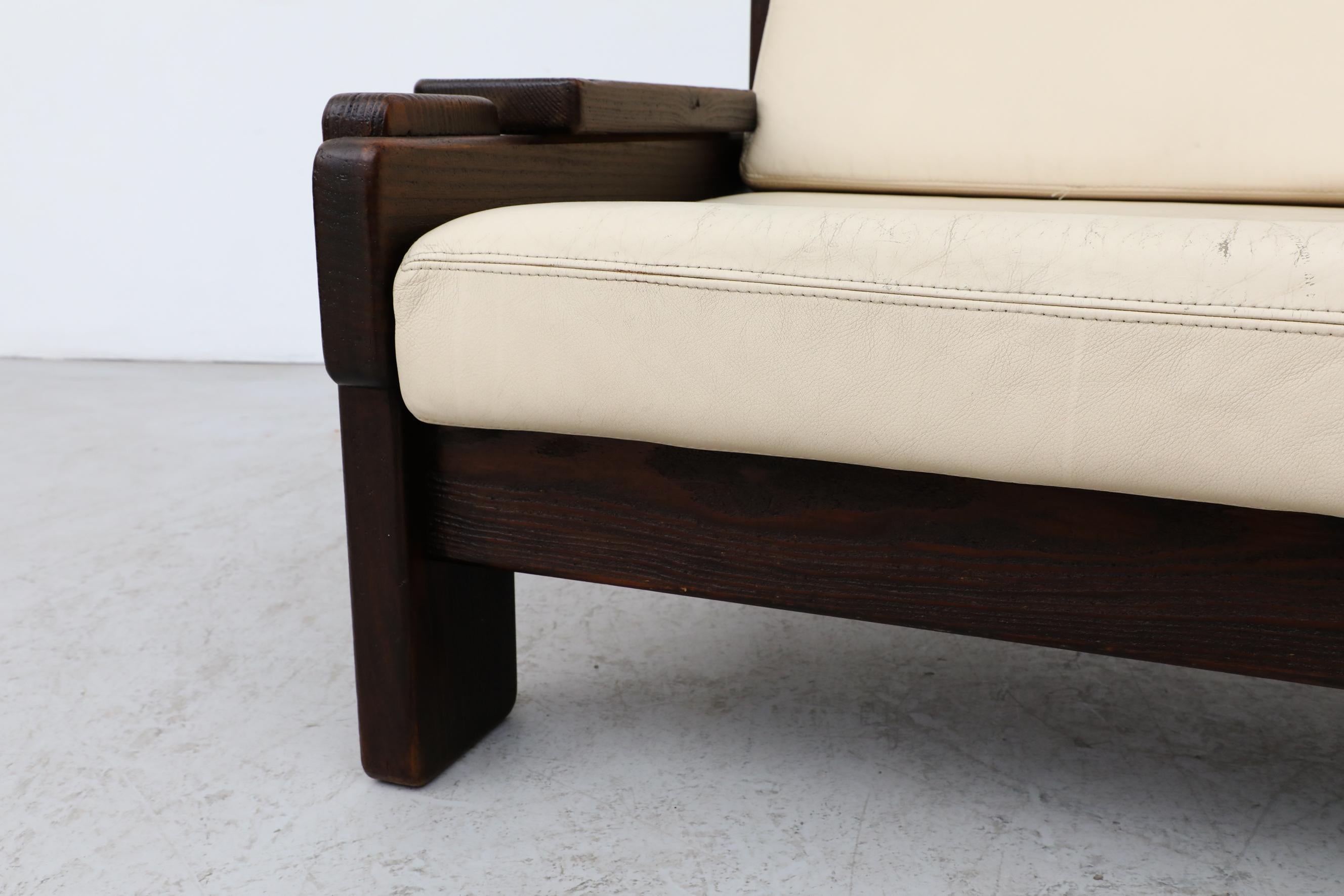 70's Brutalist Wood Framed Loveseat with Cream Leather Seating 13