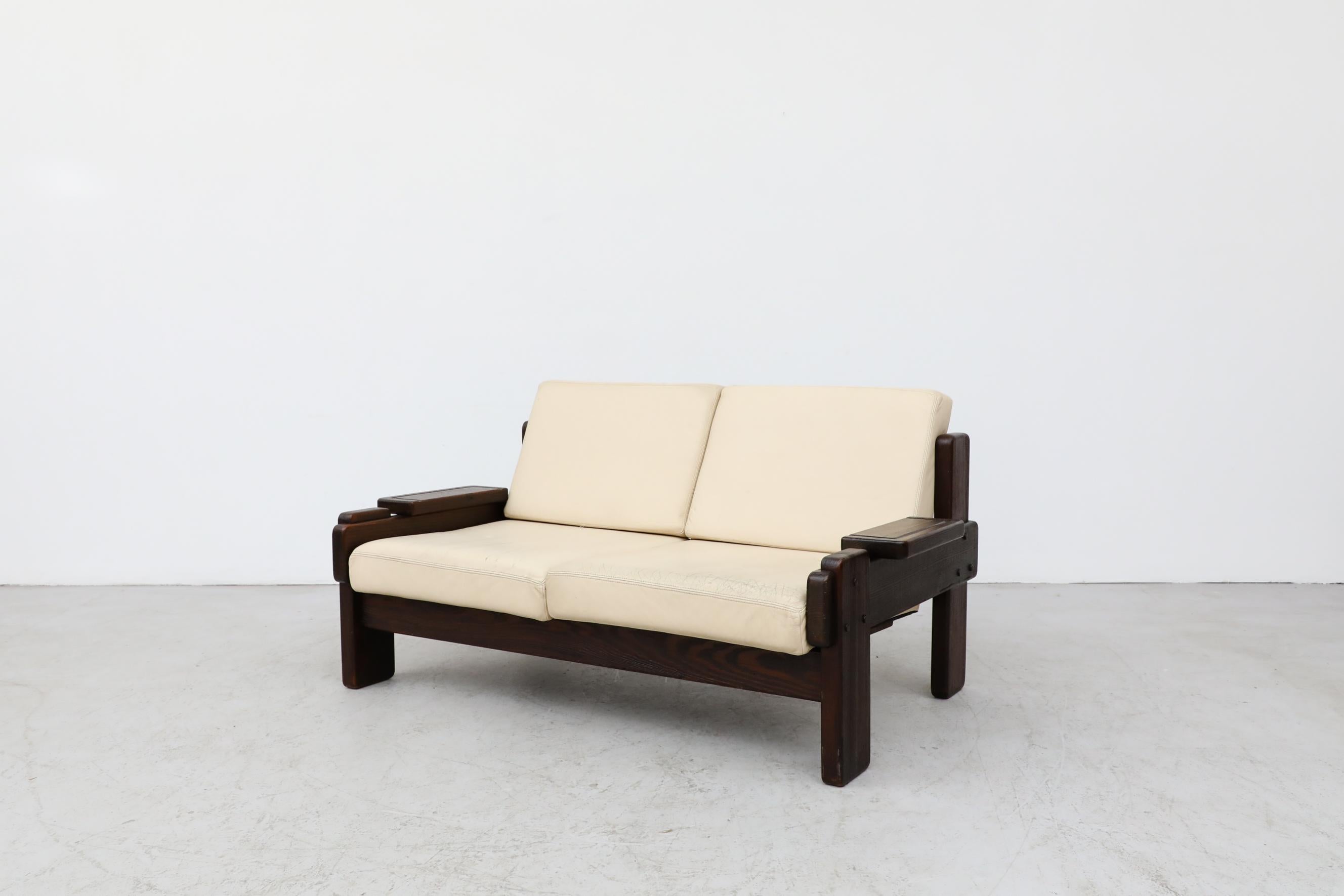 Mid-Century Modern 70's Brutalist Wood Framed Loveseat with Cream Leather Seating