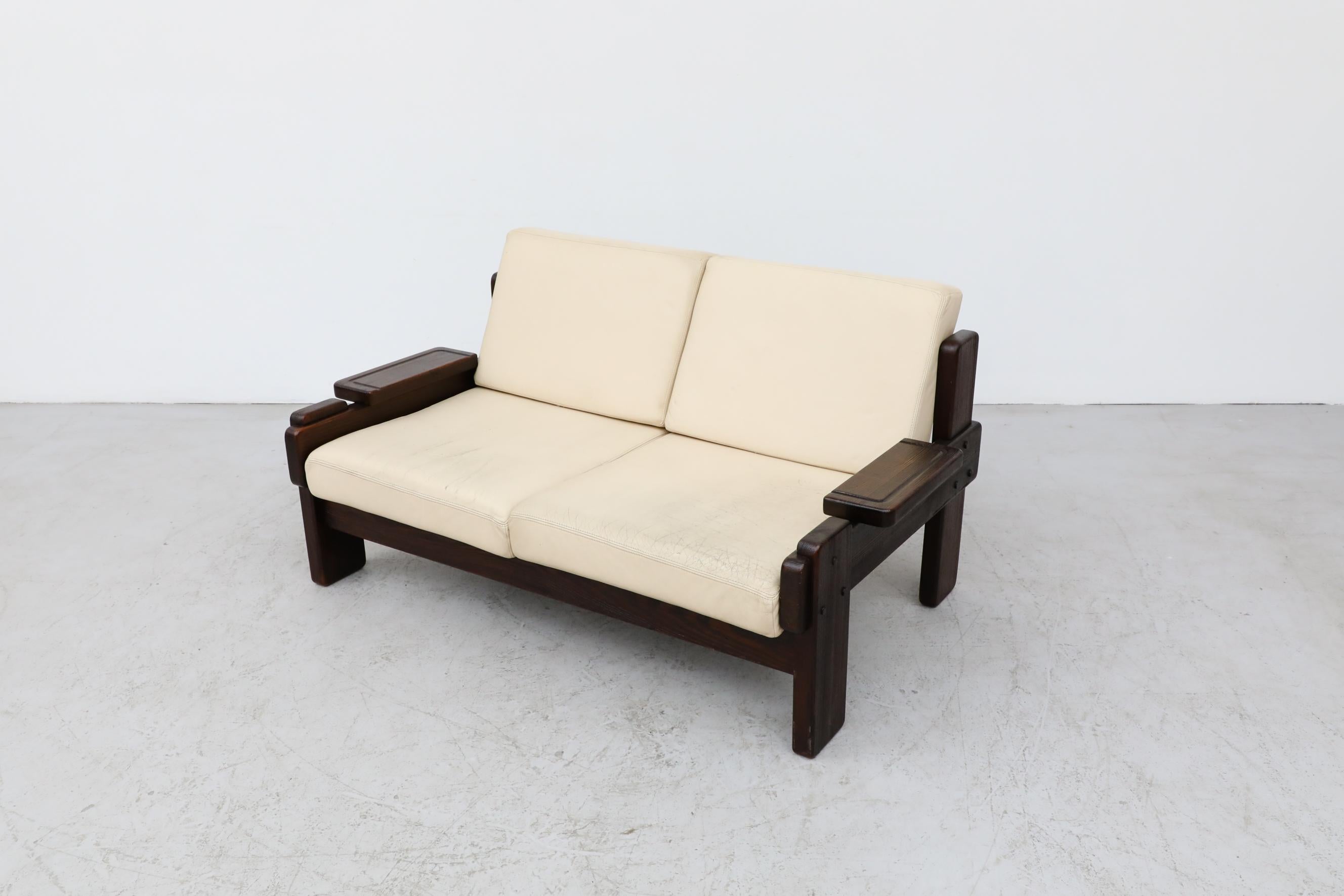 Dutch 70's Brutalist Wood Framed Loveseat with Cream Leather Seating