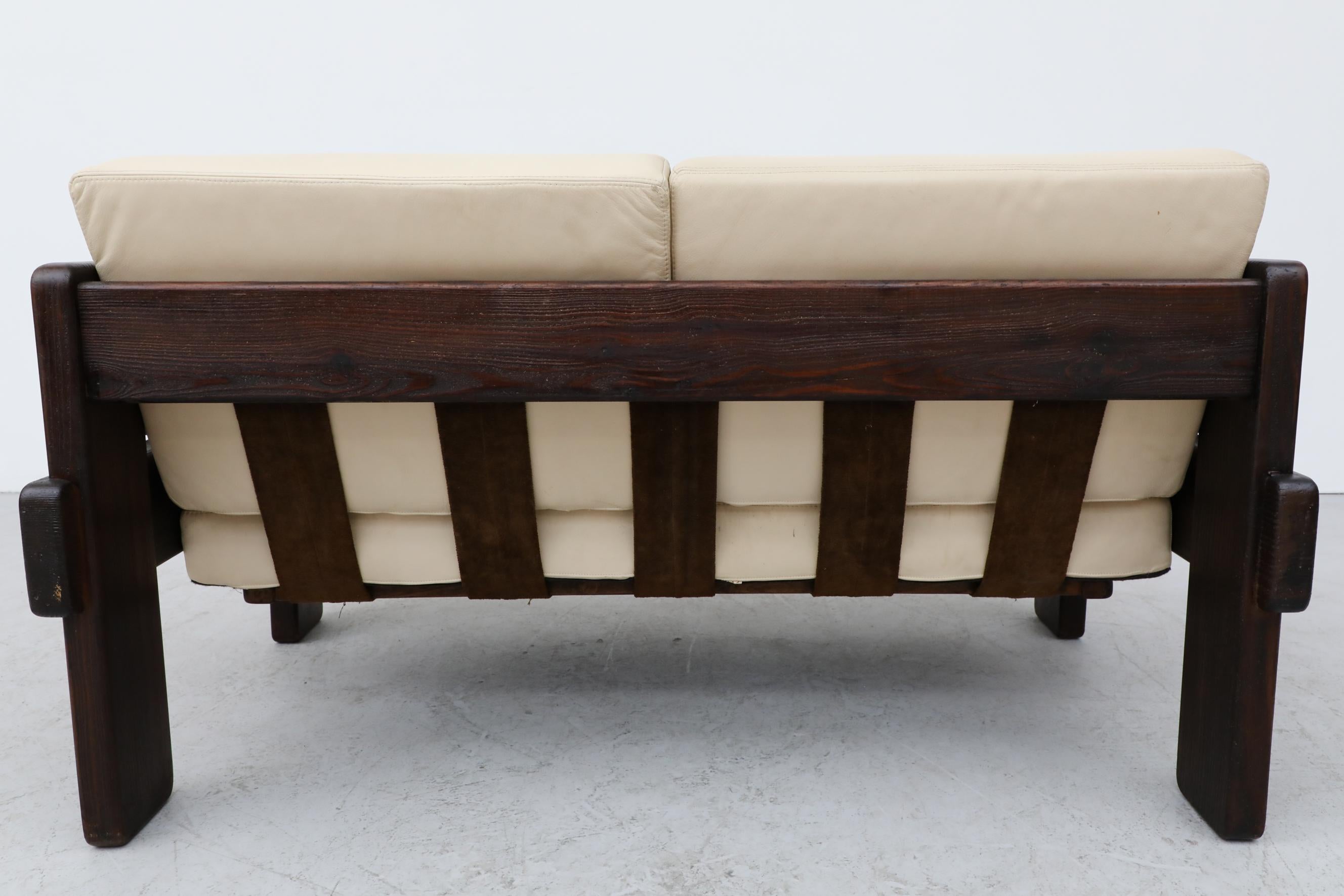 70's Brutalist Wood Framed Loveseat with Cream Leather Seating 2