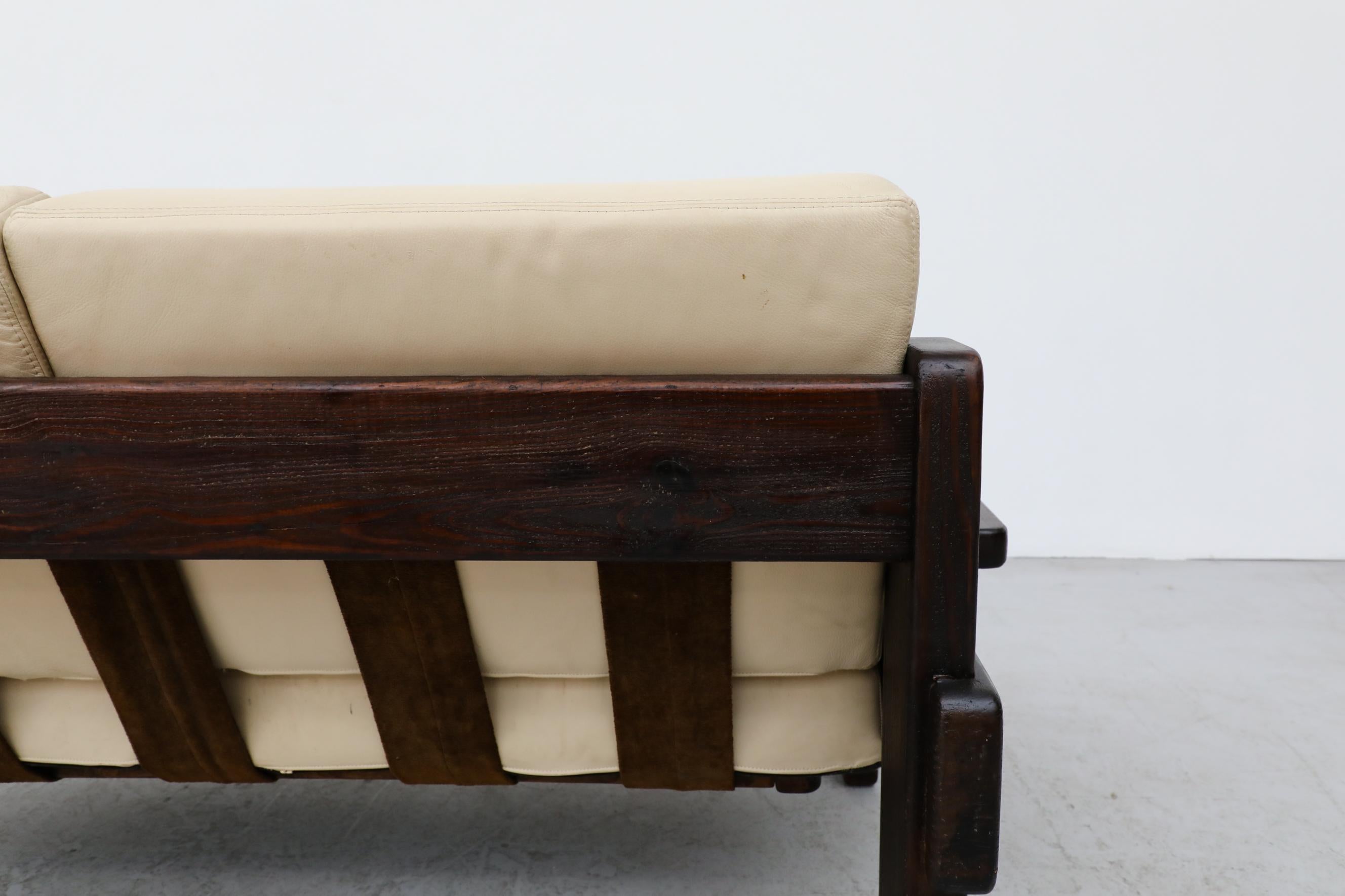 70's Brutalist Wood Framed Loveseat with Cream Leather Seating 3