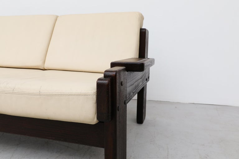 70's Brutalist Wood Framed Sofa with Cream Leather Cushions For Sale 12