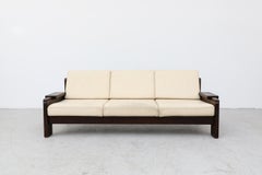 70's Brutalist Wood Framed Sofa with Cream Leather Cushions