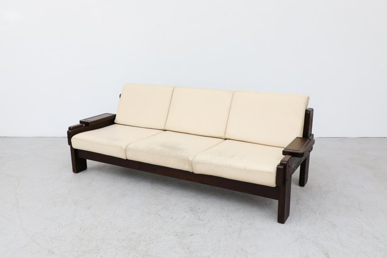 Dutch 70's Brutalist Wood Framed Sofa with Cream Leather Cushions For Sale