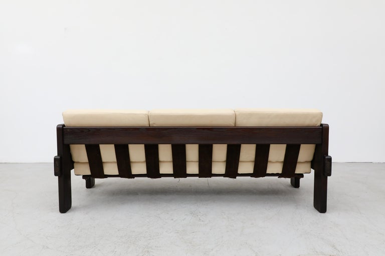 70's Brutalist Wood Framed Sofa with Cream Leather Cushions For Sale 1