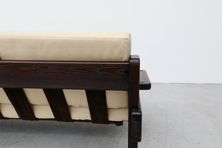 70's Brutalist Wood Framed Sofa with Cream Leather Cushions For Sale 2