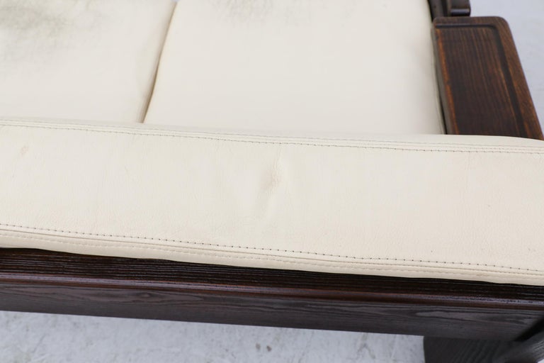 70's Brutalist Wood Framed Sofa with Cream Leather Cushions For Sale 3