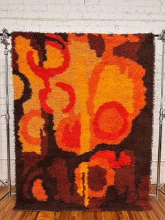 70's CARMEN Abstract Circle Brown Orange UNUSED Mid Century Wool Rya Rug Modern