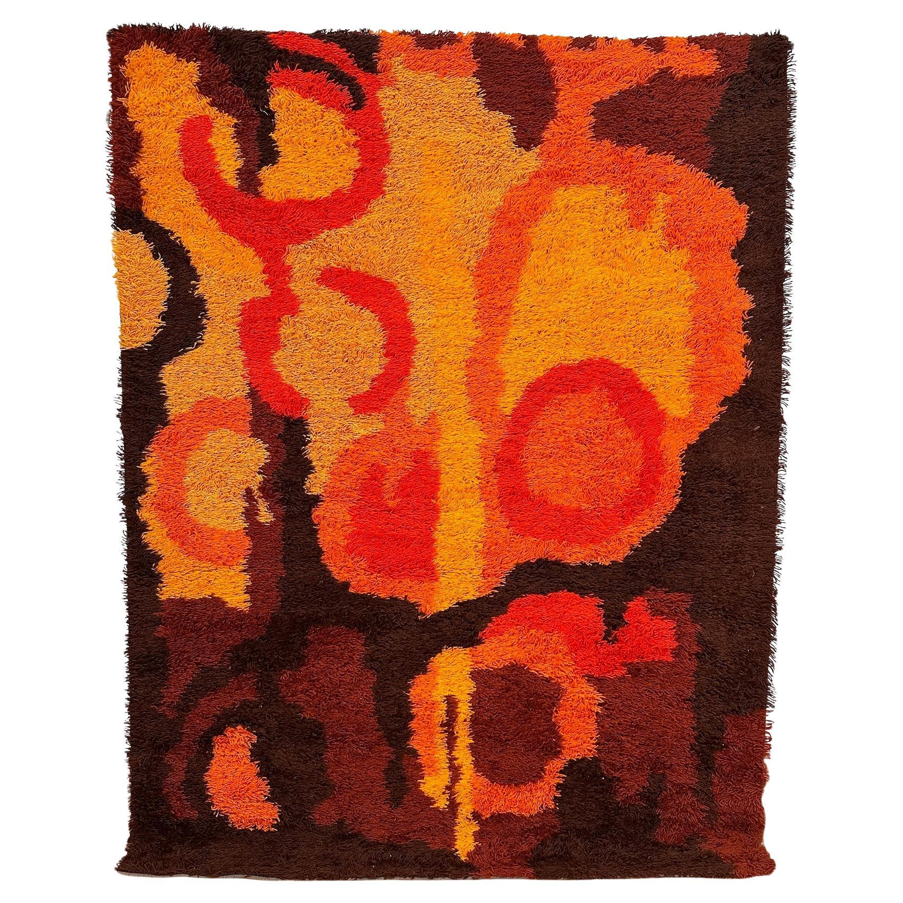 Tappeto CARMEN anni '70 Astratto Cerchio Marrone Arancione INUTILIZZATO Mid Century Lana Rya Moderno