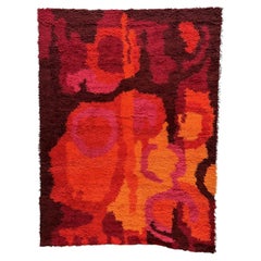 70s CARMEN, Abstracta Marrón Naranja, NO UTILIZADA, Mid Century Modern , Lana, Alfombra Rya