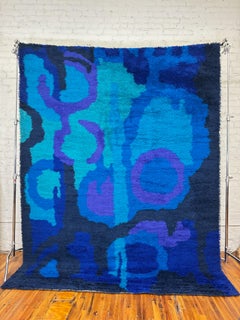 70s Carmen, Azul Púrpura Azul Bebé Abstracto, SIN USAR, Mitad de Siglo, Alfombra de Lana Rya