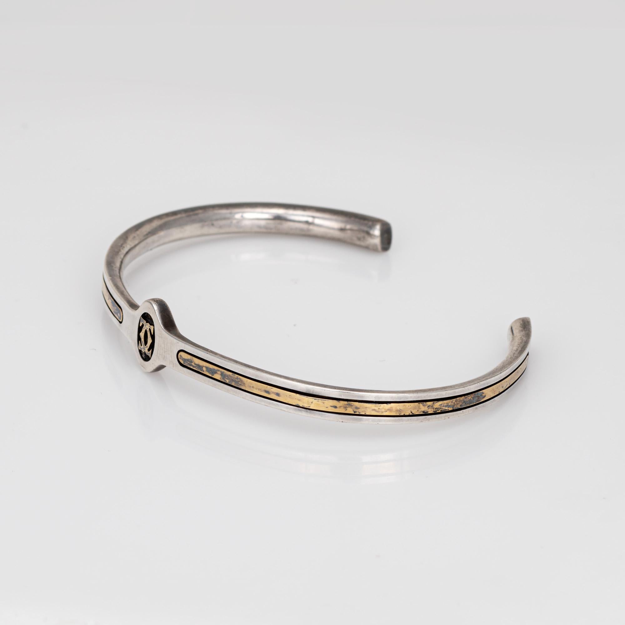 Modern 70s Cartier Cuff Bracelet Sterling Silver 18k Gold Vintage Signed CC Logo For Sale