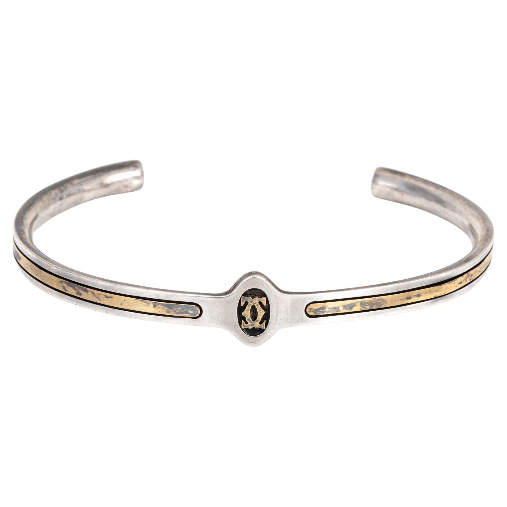 70s Cartier Cuff Bracelet Sterling Silver 18k Gold Vintage Signed CC Logo