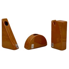 70s Ceramic Vase Set by Antonio Munari Italy - Geometric Design in Dark Orange