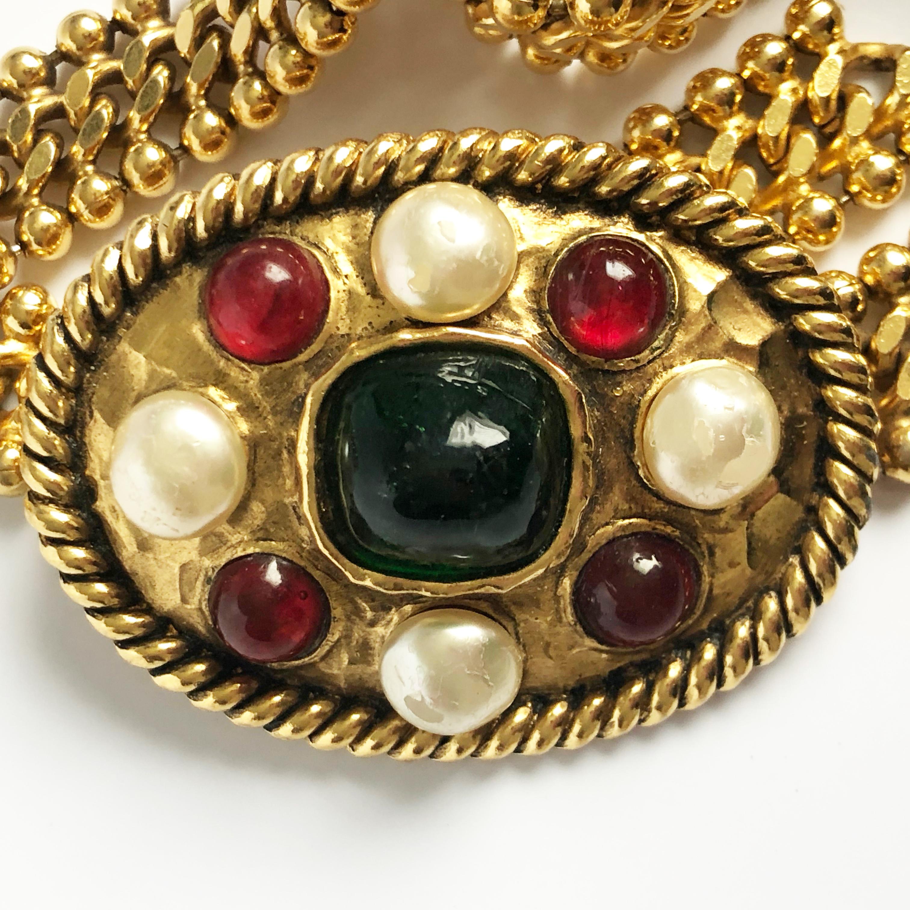 Beige 70s Chanel Byzantine Chain Belt with Faux Pearl Red Green Poured Glass Buckle M