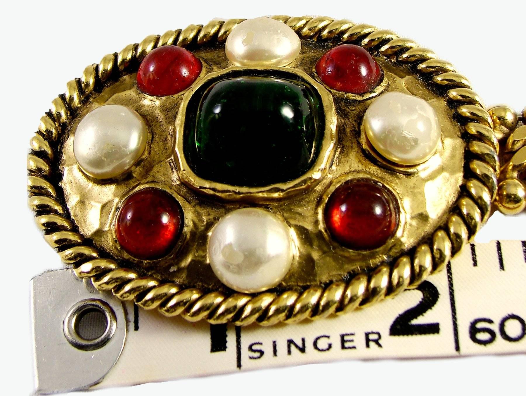 70s Chanel Byzantine Chain Belt with Faux Pearl Red Green Poured Glass Buckle M 1