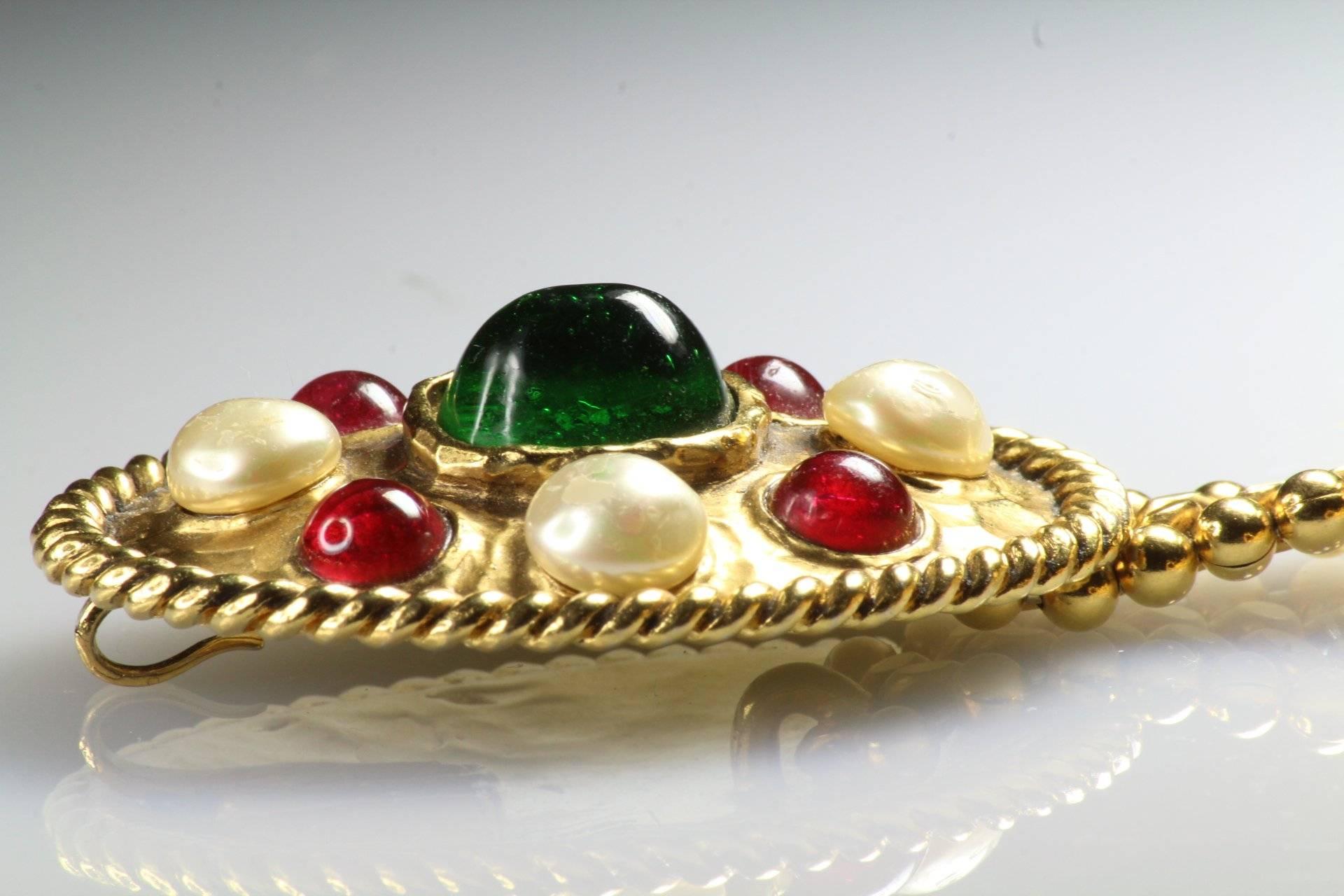 70s Chanel Byzantine Chain Belt with Faux Pearl Red Green Poured Glass Buckle M 3