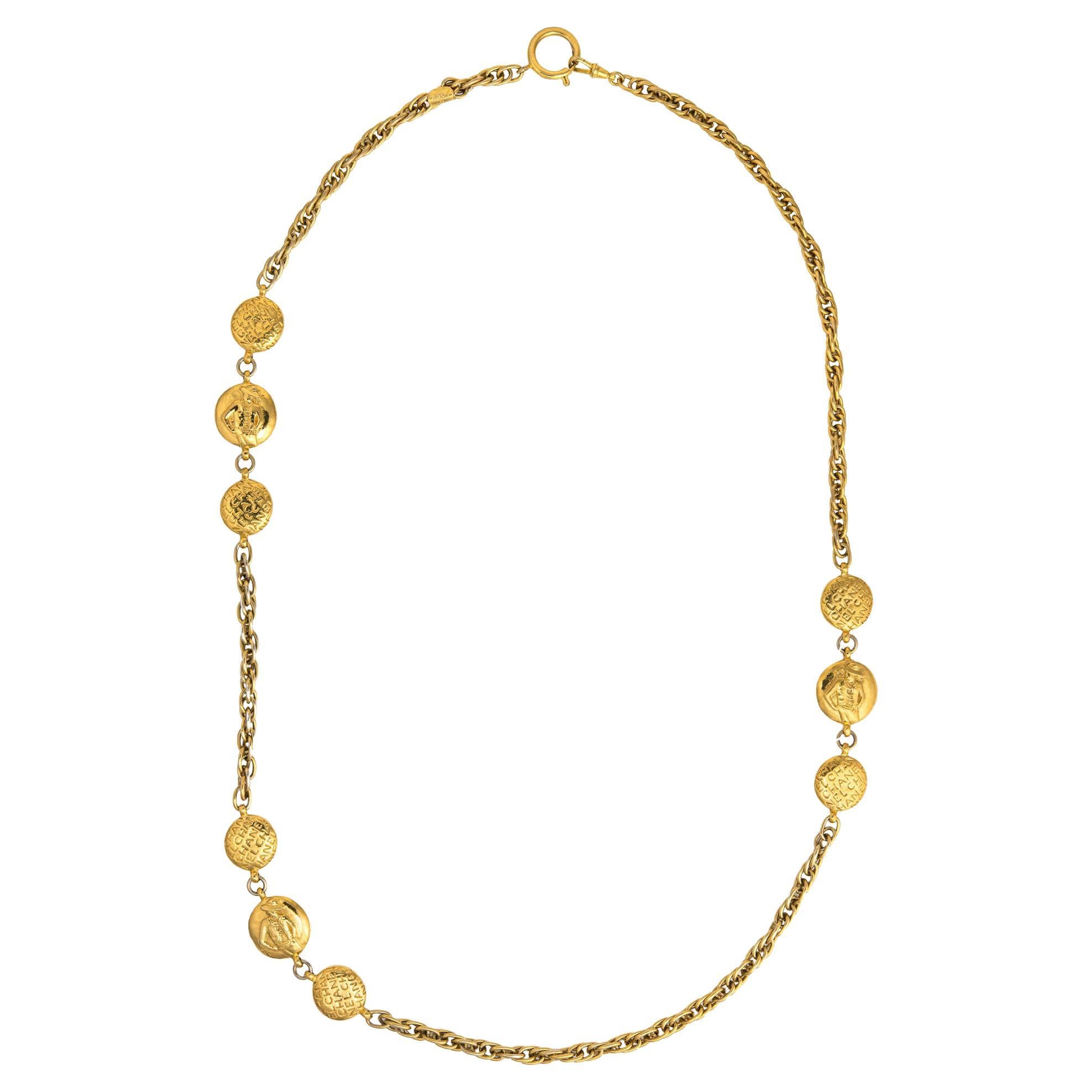 70s Chanel Vintage Medallion Necklace Long 36" Yellow Gold Tone Coco  For Sale