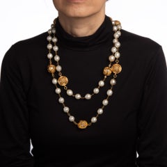 70s Chanel Vintage Orb Necklace Faux White Pearls Long 52" Yellow Tone Cross