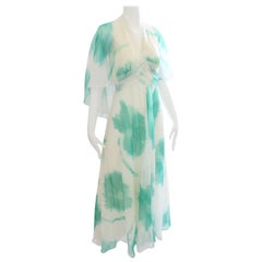 70s Chiffon Maxi Dress with Graphic Floral Print Angel Sleeves Size 16