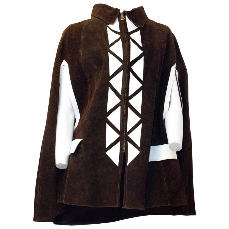 Black 70s Chocolate Brown Suede Cape with White Piece Work For Sale