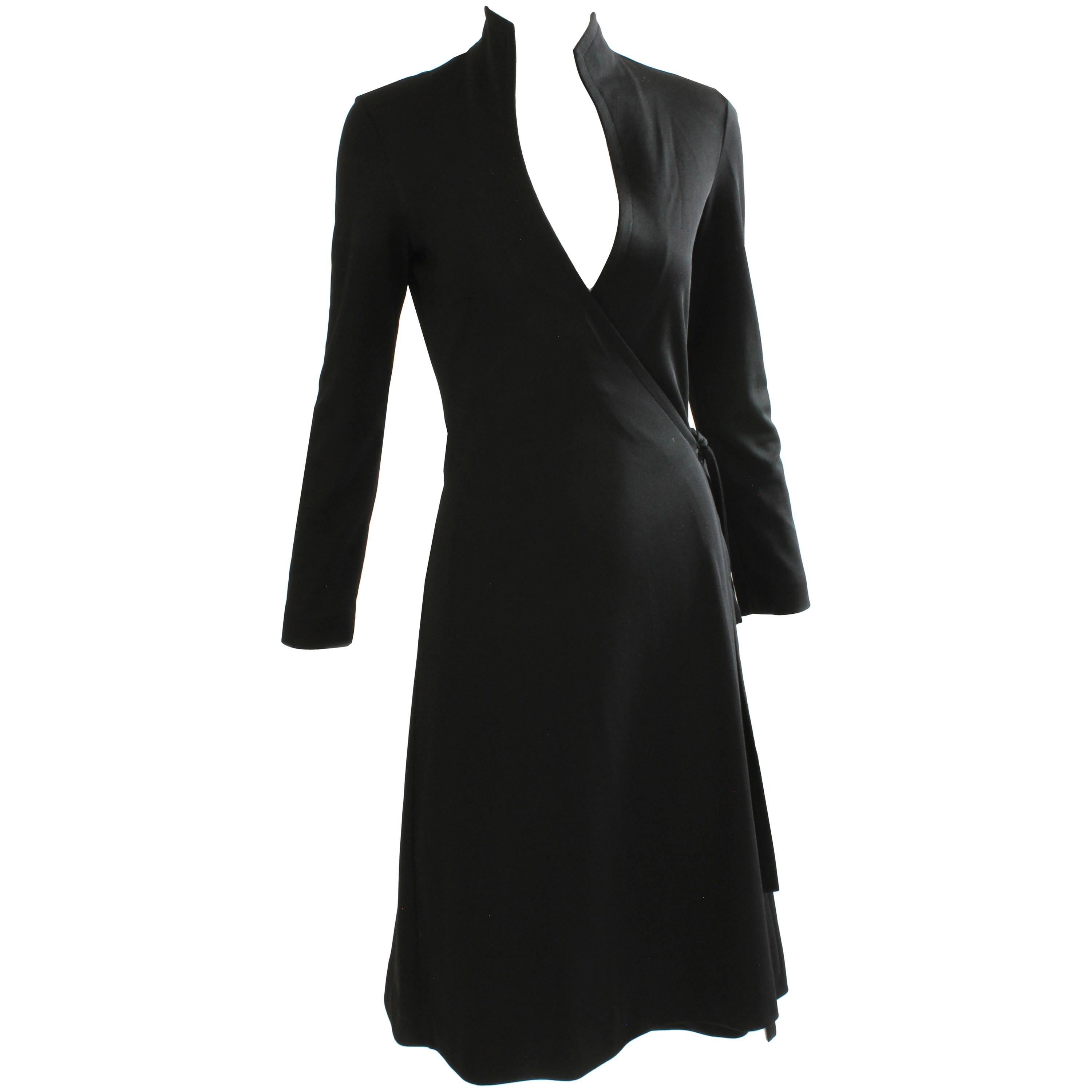 70s Clovis Ruffin Black Jersey Wrap Dress with Swan Neck Collar Vintage Sz 7/8
