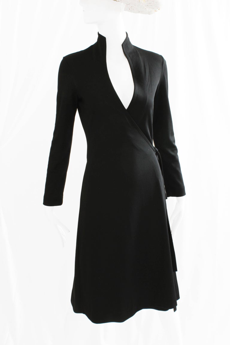 70s Clovis Ruffin Black Jersey Wrap Dress with Swan Neck Collar Vintage ...