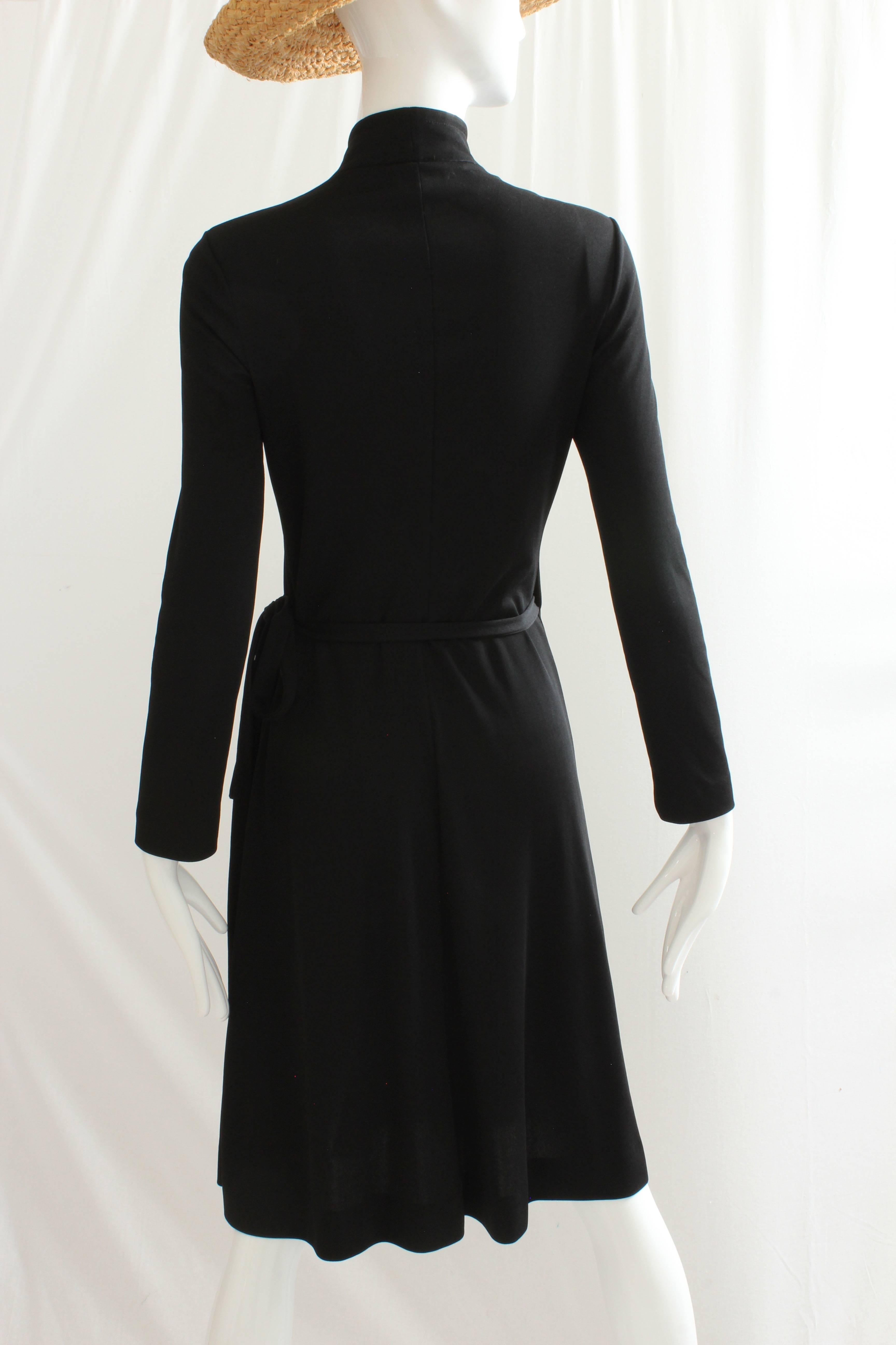 Women's 70s Clovis Ruffin Black Jersey Wrap Dress with Swan Neck Collar Vintage Sz 7/8 
