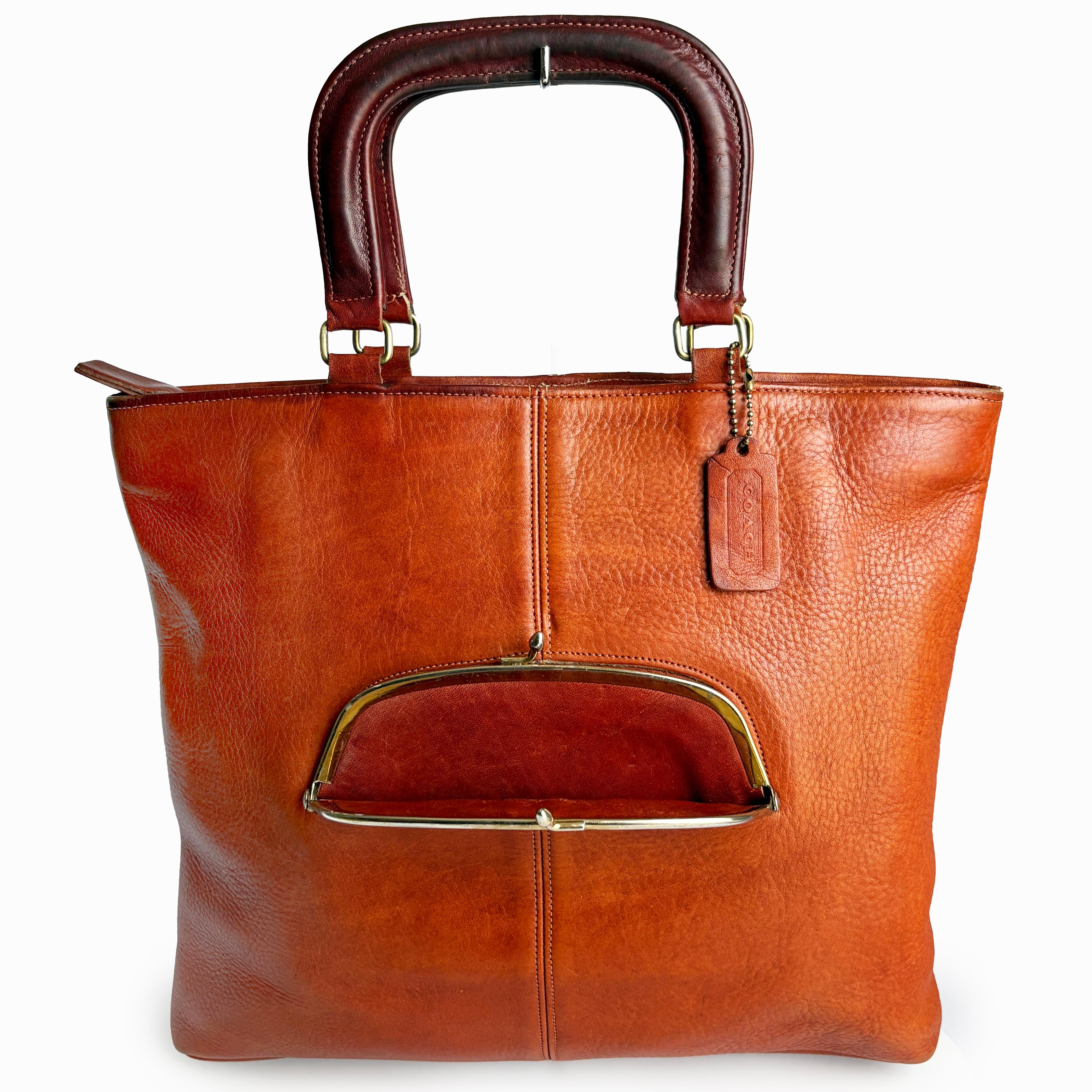 Sac Coach Skinny Fourre-tout Kiss Lock rare cuir rouille Bonnie Cashin Era Vintage des années 70 1