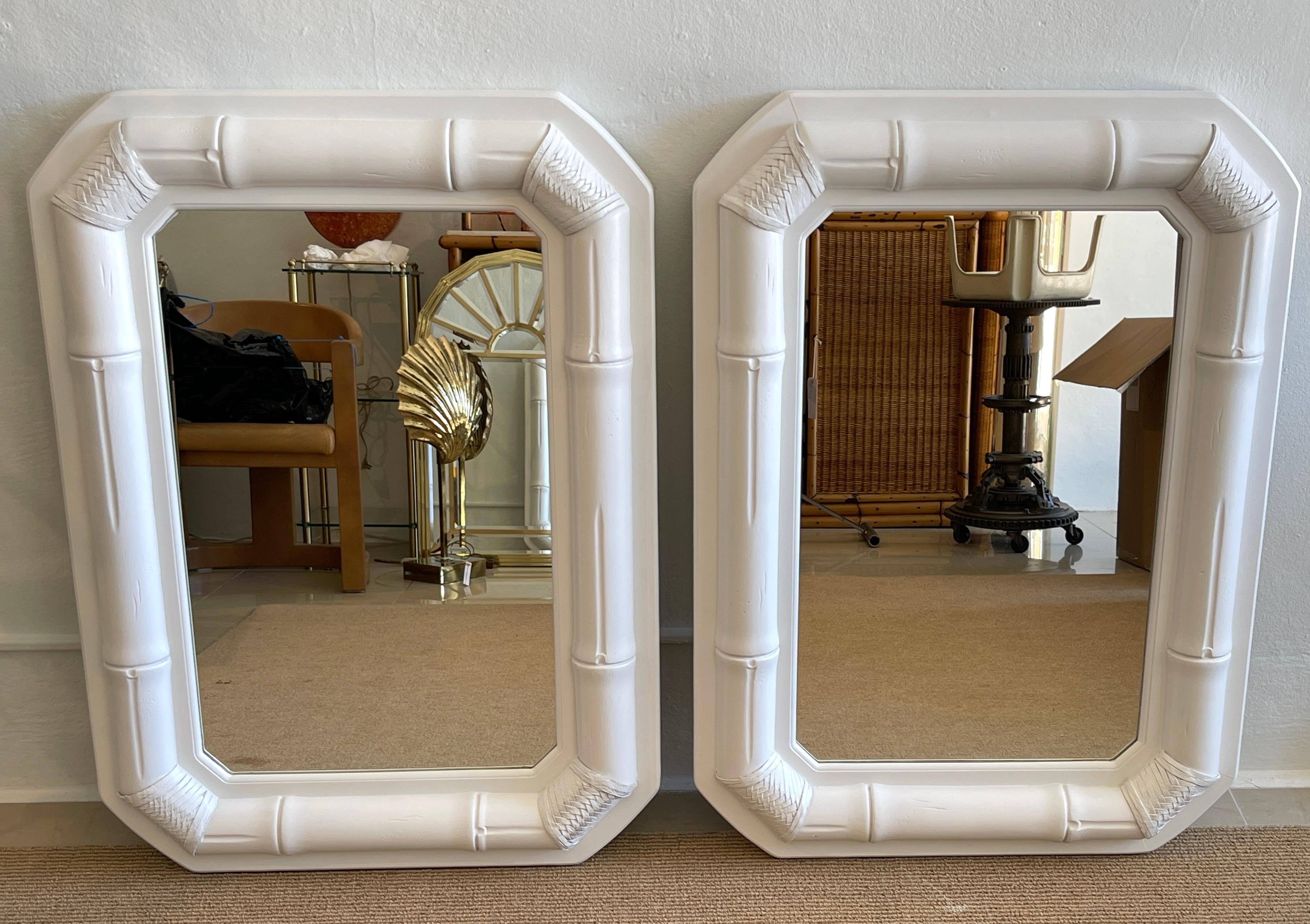 70s Coastal Modern White Lacquered bamboo & leather wrapped mirror, 2 Available, Sold Individually

Each one mounted with a continuous bamboo surround with leather wrapped corners, with an inset mirror measures 18-Inches wide x 29-Inches