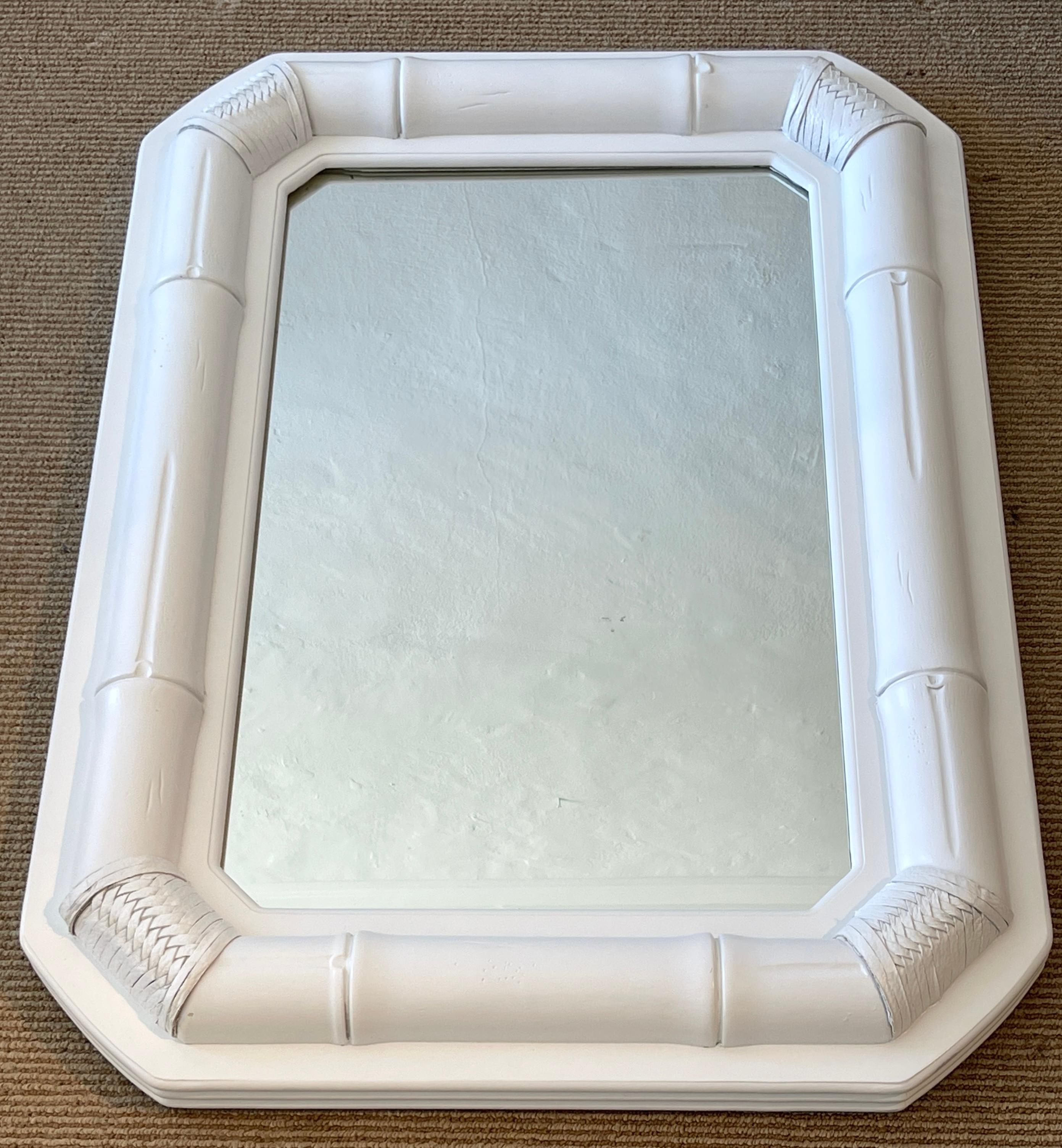 American 70s Coastal Modern White Lacquered Bamboo & Leather Wrapped Mirror, 2 Available  For Sale