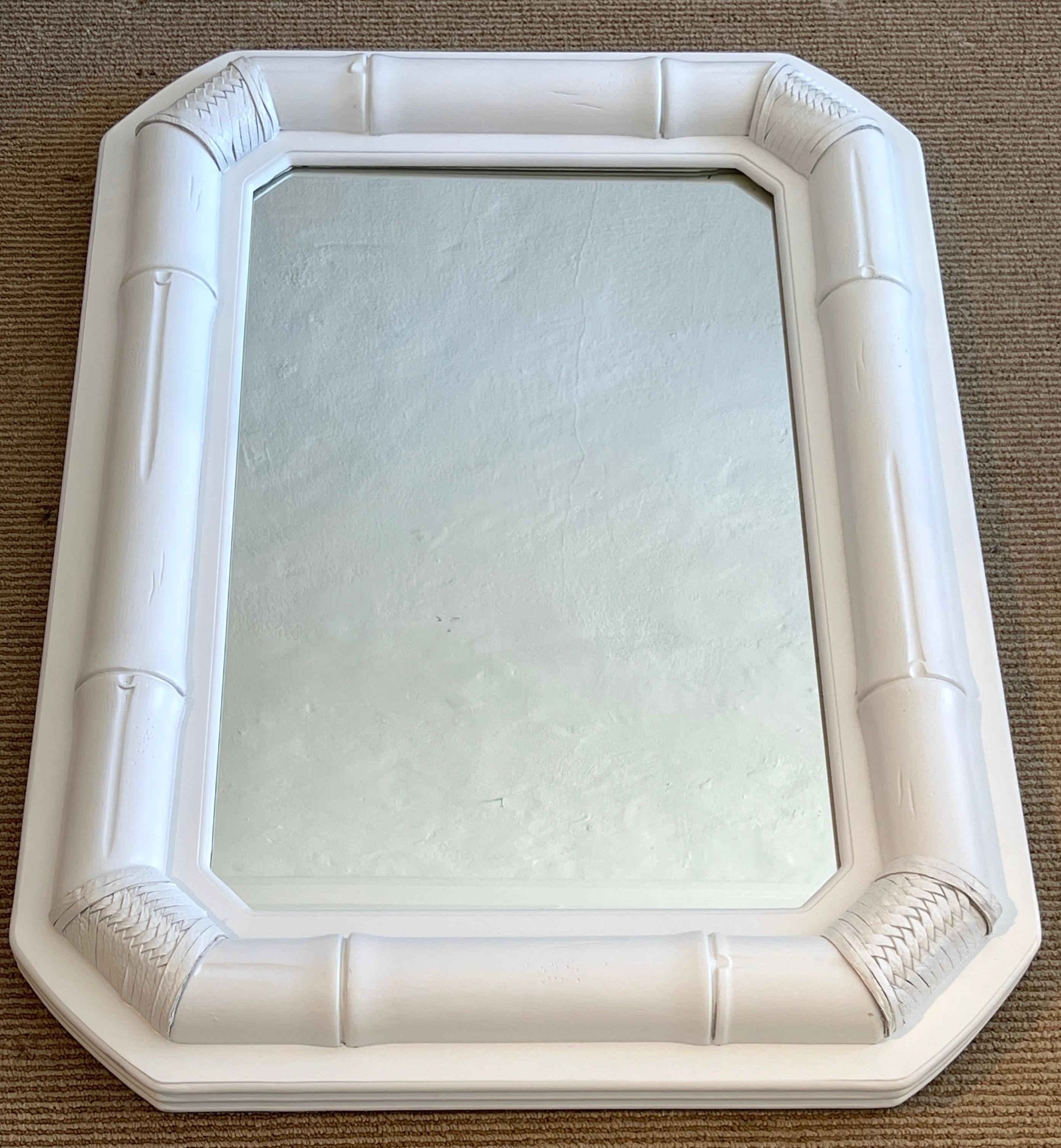 70s Coastal Modern White Lacquered Bamboo & Leather Wrapped Mirror, 2 Available  In Good Condition For Sale In West Palm Beach, FL