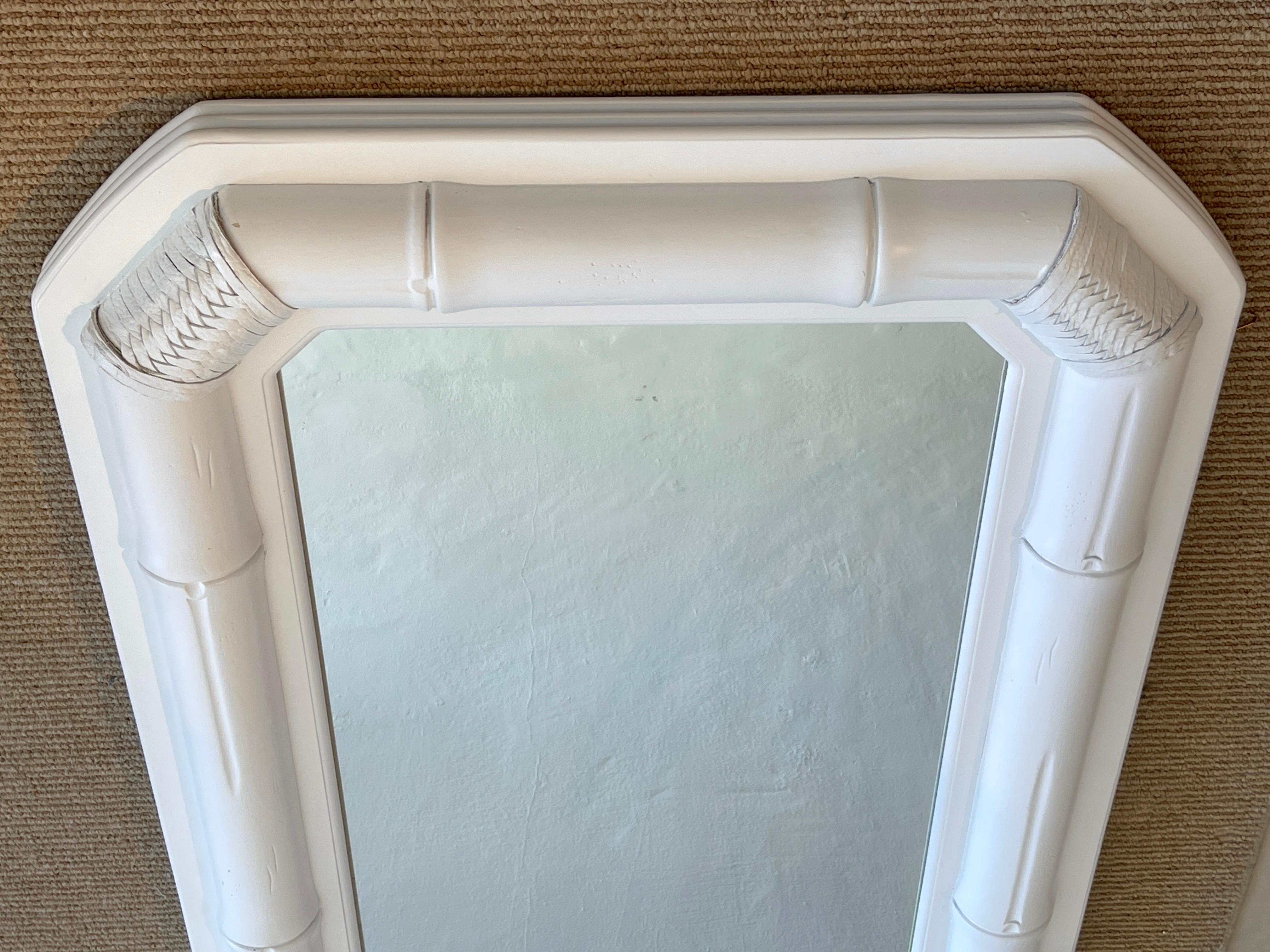 70s Coastal Modern White Lacquered Bamboo & Leather Wrapped Mirror, 2 Available  For Sale 1