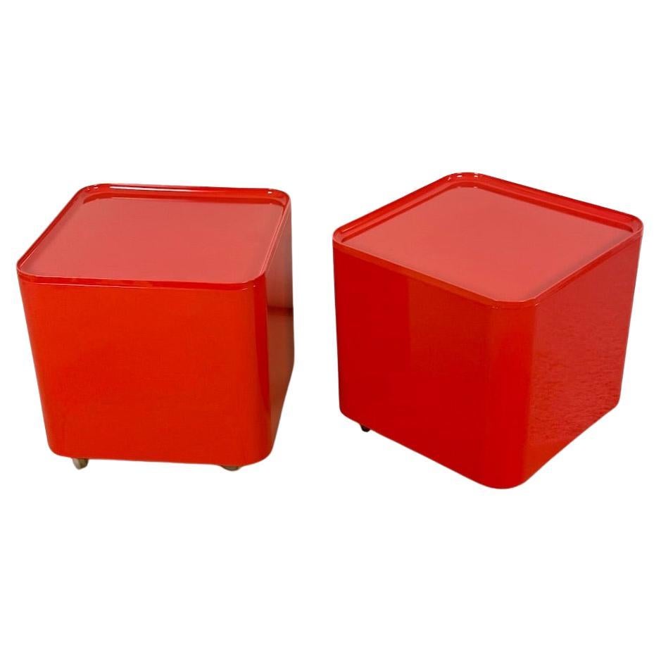 70er Couchtische / Servierwagen mit Aufbewahrungswagen DIME Longato in Rot, 2er-Set, Set im Angebot