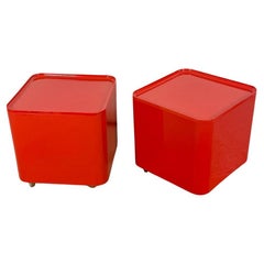 Vintage 70s coffee tables / serving trolleys with storage DIME Longato in Red, Set of 2