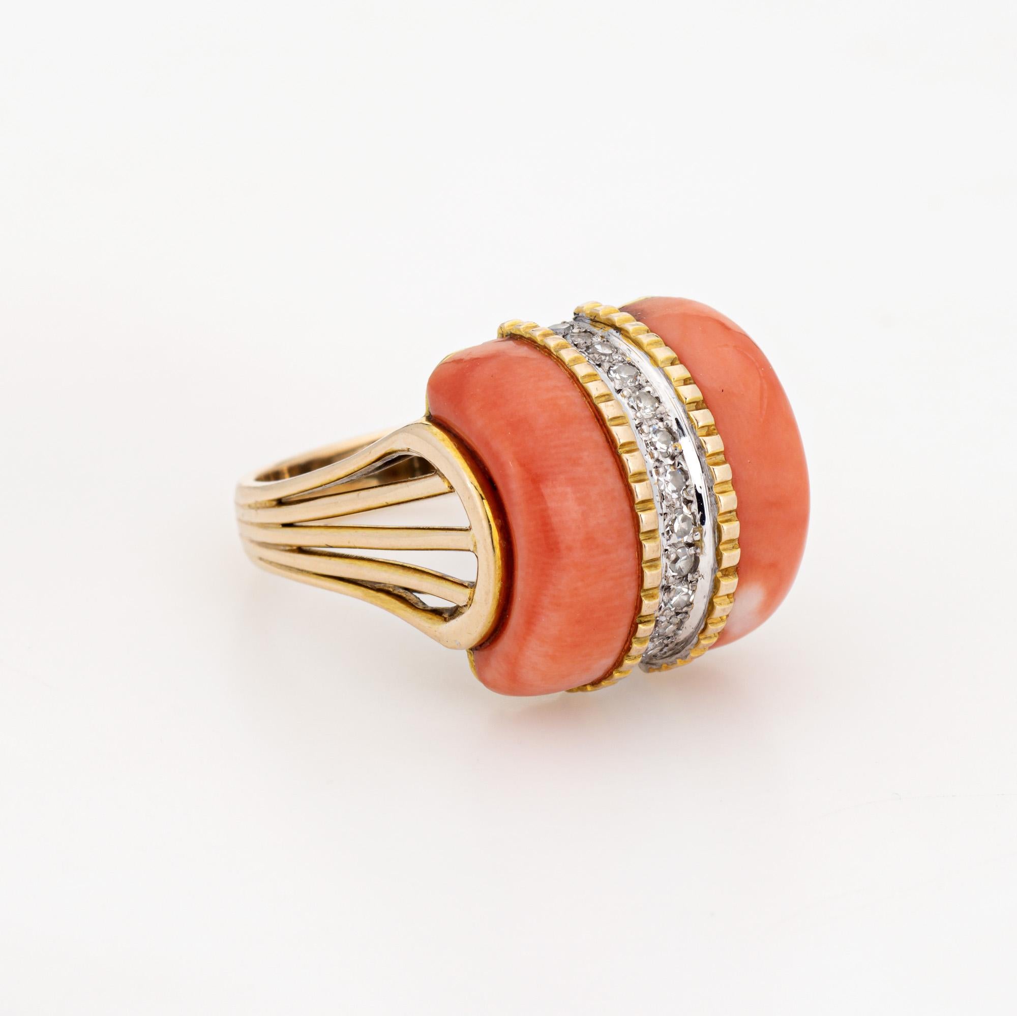 Modern 70s Coral Diamond Dome Ring Vintage 14k Yellow Gold Sz 5.5 Cocktail Jewelry For Sale