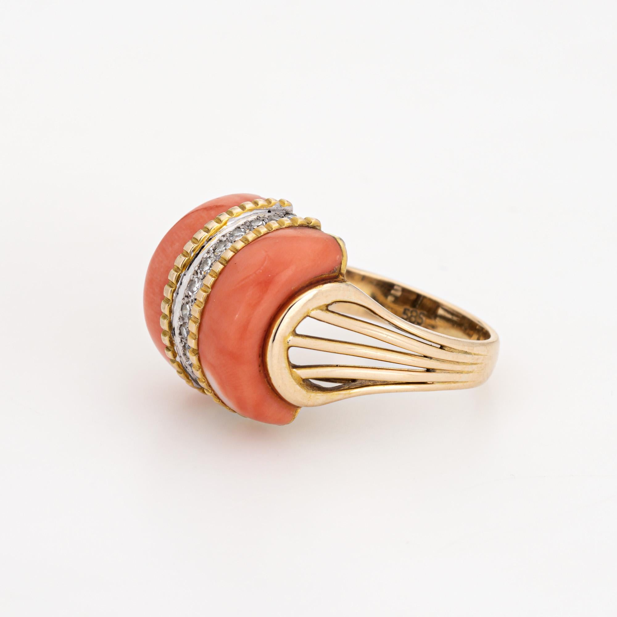 Cabochon 70s Coral Diamond Dome Ring Vintage 14k Yellow Gold Sz 5.5 Cocktail Jewelry For Sale