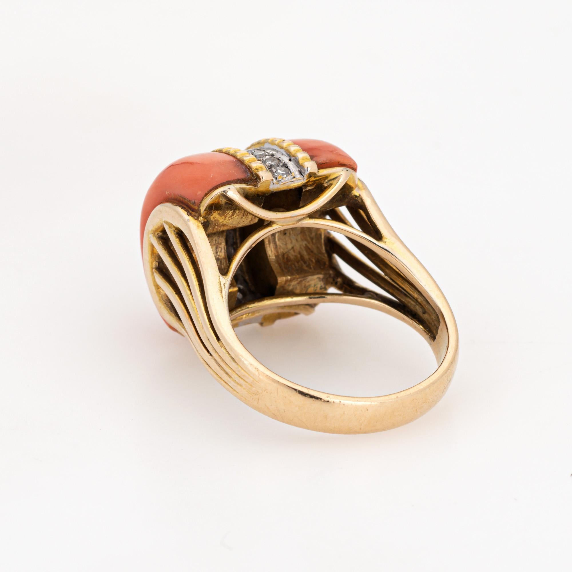 70s Coral Diamond Dome Ring Vintage 14k Yellow Gold Sz 5.5 Cocktail Jewelry In Good Condition For Sale In Torrance, CA