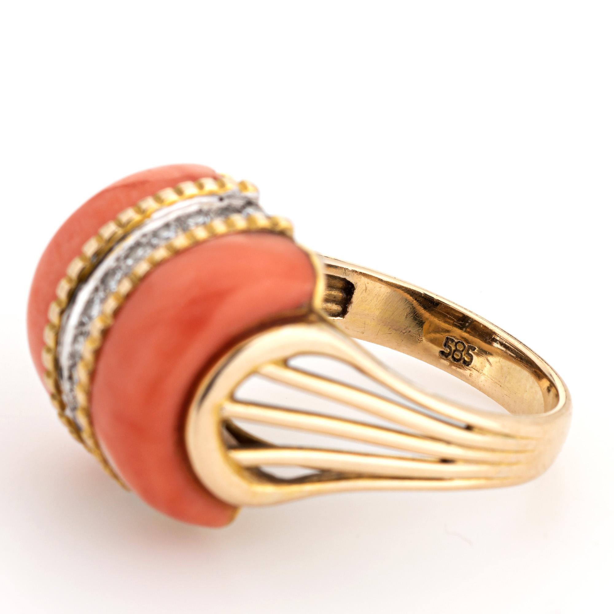 70s Coral Diamond Dome Ring Vintage 14k Yellow Gold Sz 5.5 Cocktail Jewelry For Sale 1