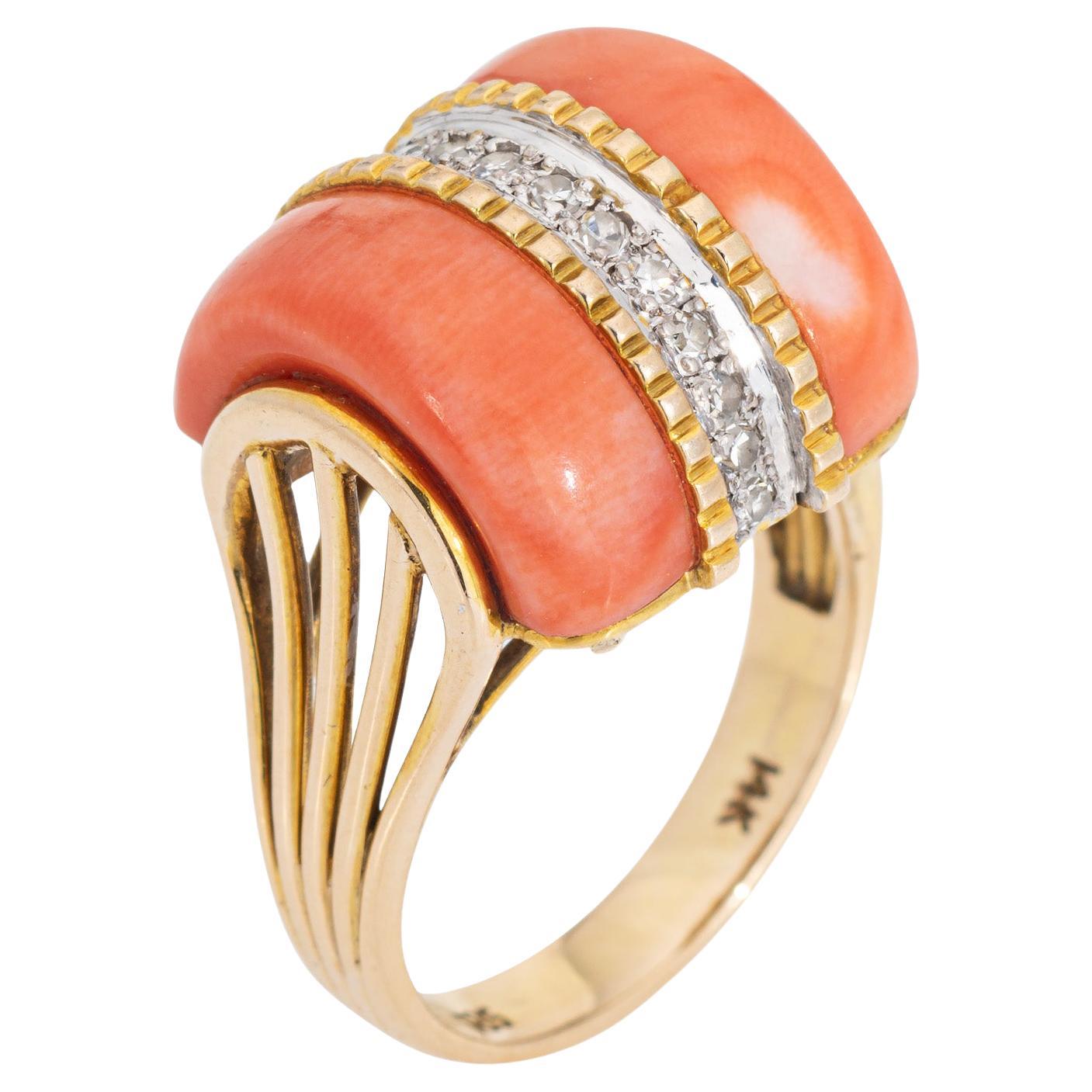 70s Coral Diamond Dome Ring Vintage 14k Yellow Gold Sz 5.5 Cocktail Jewelry For Sale