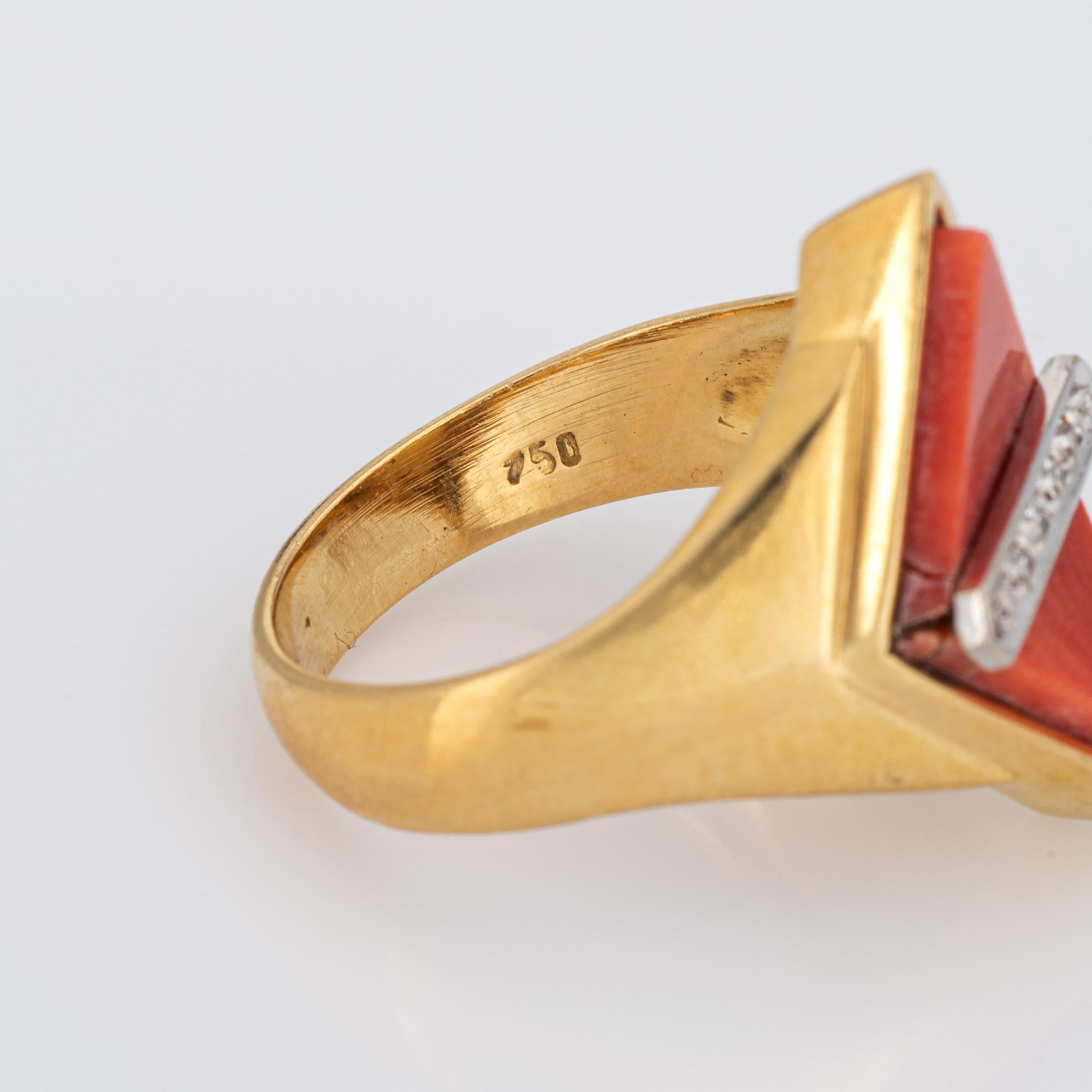 Cabochon 70s Coral Diamond Ring Triangle 18k Yellow Gold Small Cocktail Estate Jewelry For Sale