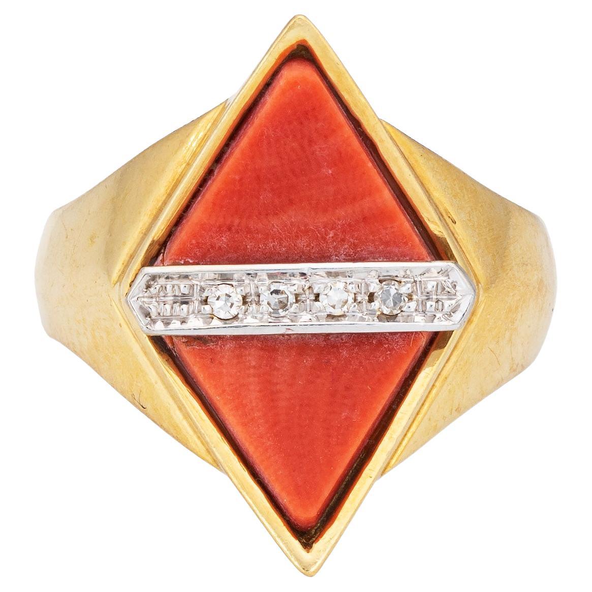 70s Coral Diamond Ring Triangle 18k Yellow Gold Small Cocktail Estate Jewelry