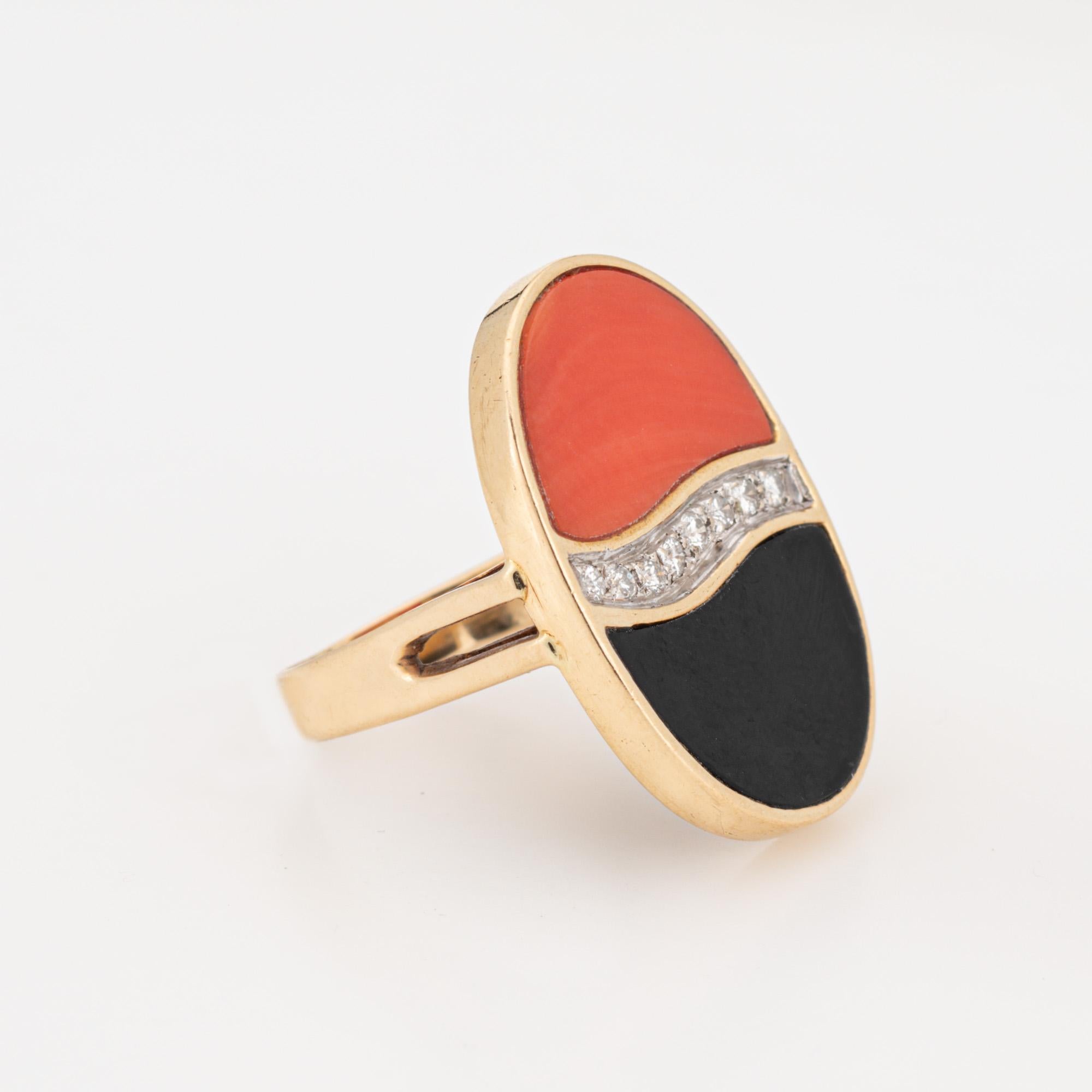 Modern 70s Coral Onyx Diamond Ring Vintage 14k Yellow Gold Cocktail Jewelry Sz 5 For Sale