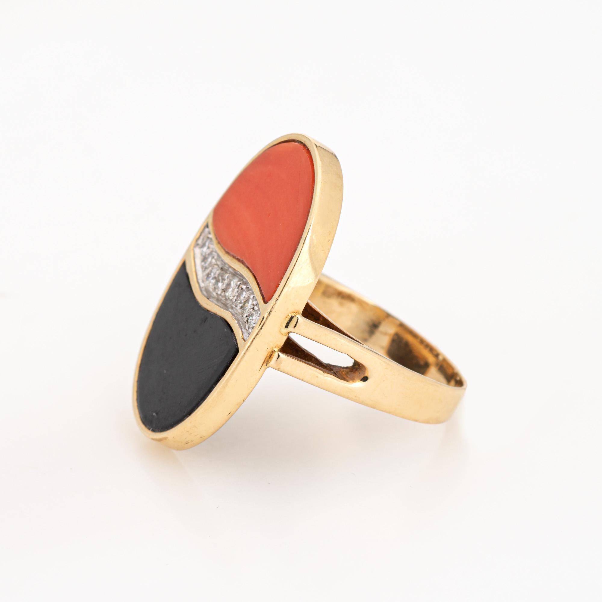 Cabochon 70s Coral Onyx Diamond Ring Vintage 14k Yellow Gold Cocktail Jewelry Sz 5 For Sale
