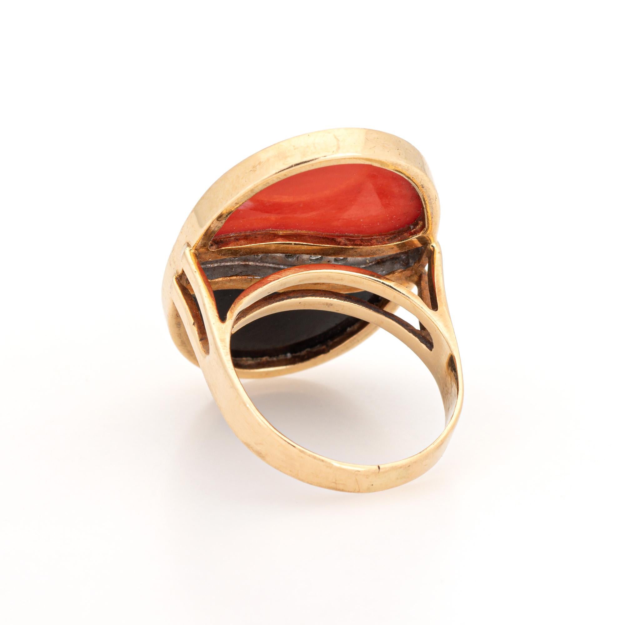 70s Coral Onyx Diamond Ring Vintage 14k Yellow Gold Cocktail Jewelry Sz 5 In Good Condition For Sale In Torrance, CA